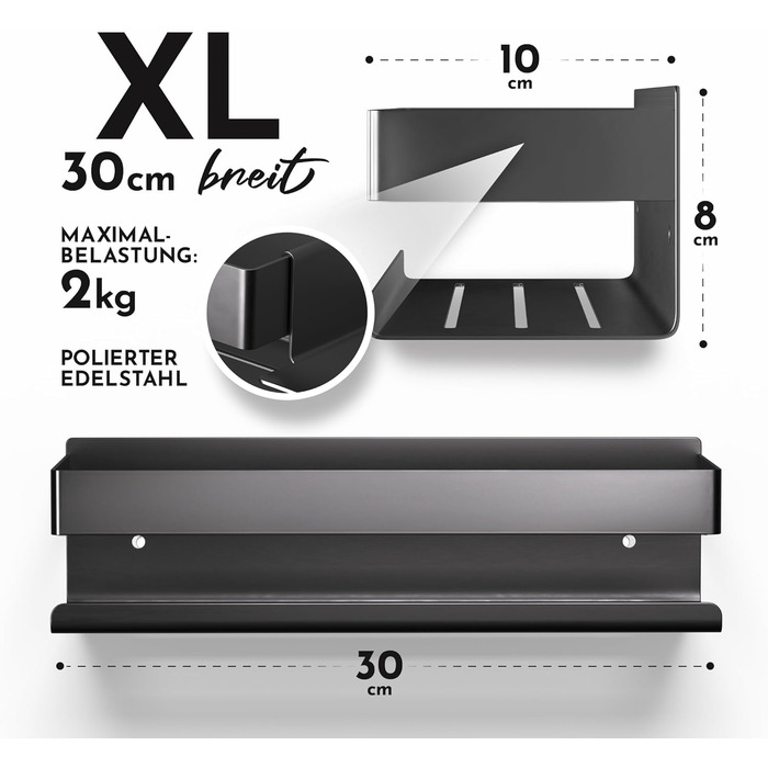 HENAL Shower Shelf Set 5 in 1, Matte Black Stainless Steel Shower Shelf (No Drilling Required), Shower Rack including Razor Holder, Squeegee Holder, Soap Dish & Hook, XXL Bathroom Organizer