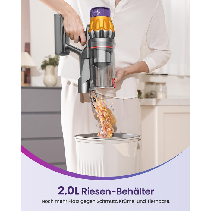 Бездротовий акумуляторний пилосос з 2 акумуляторами, 150 хв роботи, 55000 Па, 600 Вт, об'єм 2.0 л, з дисплеєм, антизаплутана щітка, самостійна парковка, настінна зарядка, 11-шарова фільтрація для шерсті тварин, килимів та твердих поверхонь