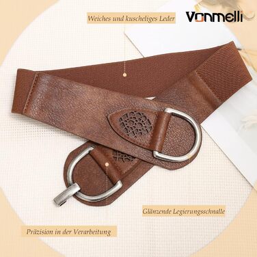 Жіночий ремінь VONMELLI Vintage з широкою пряжкою, еластичний, для суконь та пальто, колір кава, розмір M (84-94 см)