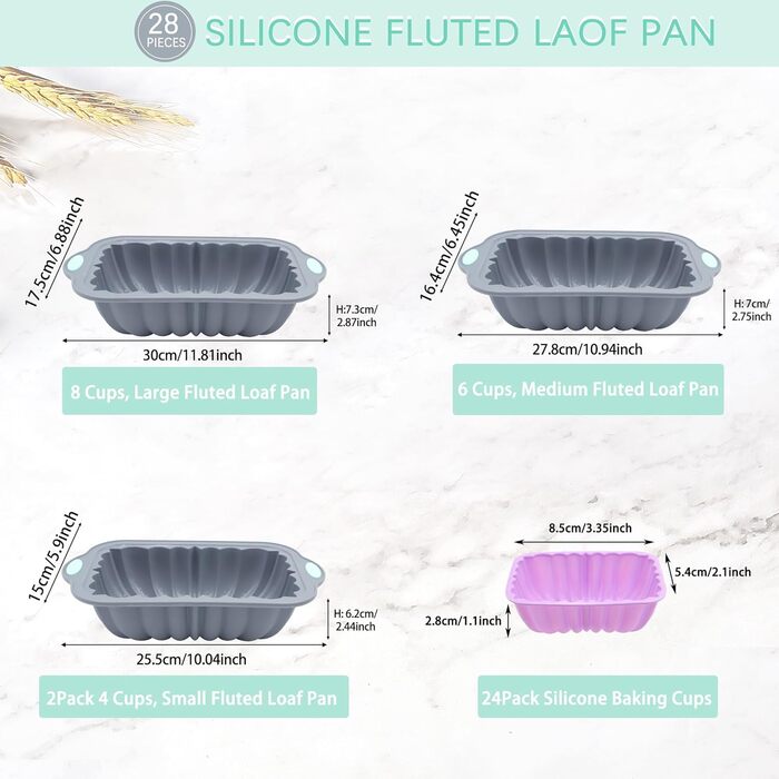 Encounter 28-Piece Silicone Baking Molds Set, Non-Stick Silicone 4/6/8 Cup Toast Pan, Silicone Mold for Bread, Meatloaf, Cake, with 24 Pack Reusable Baking Cups, Light Grey