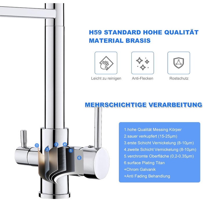 3-х шляхова кухонна змішувач з поворотним виливом 360°, 2 функції (душ, аератор), 3-в-1, з фільтром, з міді та нержавіючої сталі, з гнучкою насадкою для душу, хром