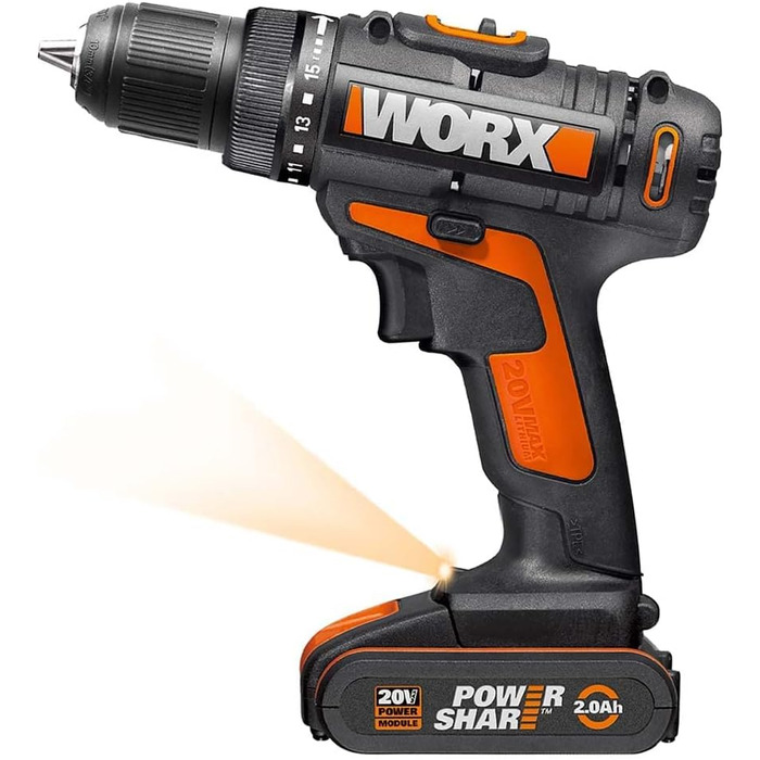 WORX WX101.9 Акумуляторний дриль-шурупокрут 20V – потужний інструмент для свердління та закручування шурупів – 2 швидкості та 15+1 ступенів регулювання крутного моменту – з LED-підсвічуванням (10 мм патрон, 30 Нм, з 2 акумуляторами та зарядним пристроєм)