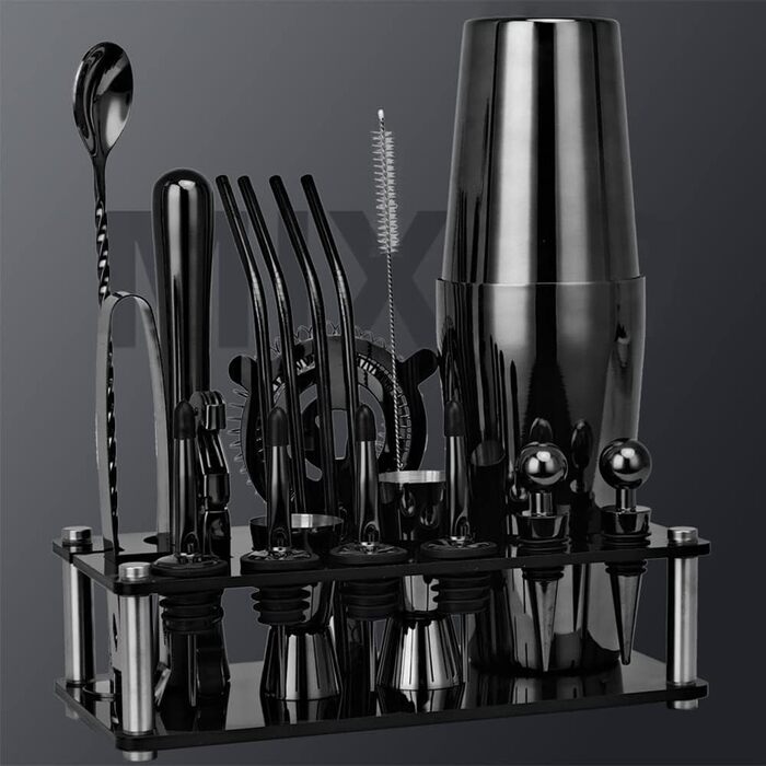 Набір для коктейлів Hansum, 20 предметів, нержавіюча сталь, чорний – професійний барменський набір зі стійкою