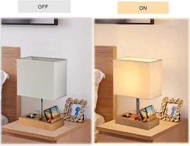 Настільна лампа Dreamholder з 3 USB-портами (A+C), підставкою для телефону, для спальні, вітальні, офісу, з натуральним дерев'яним цоколем та тканинним абажуром