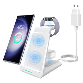 Бездротова зарядка Induktive для Samsung Galaxy Watch, Buds та смартфонів серії S (S25, S24, S23, S22, S21, Note 20) – 3 в 1, білий колір