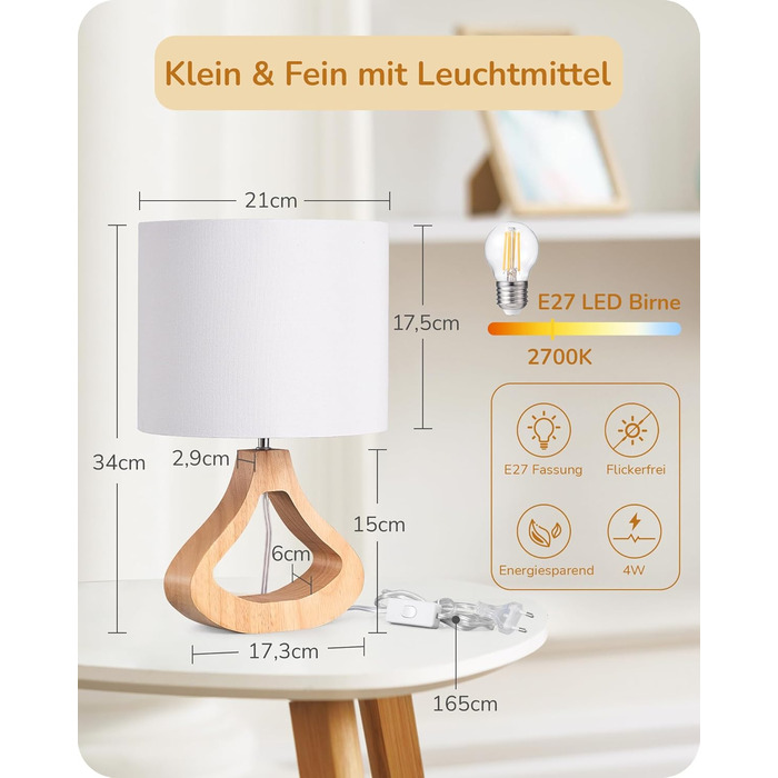 Дерев'яна торшер EDISHINE з абажуром з льону, E27, для вітальні та спальні, в стилі кантрі [Енергоклас F]