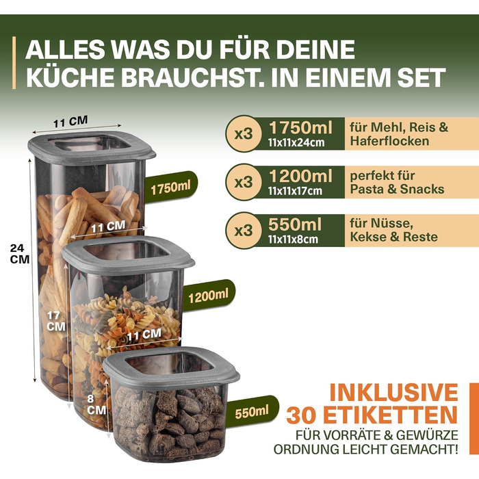 Набори контейнерів для зберігання продуктів з кришкою, 12 шт. BPA-Free, для цукру, крупи, кави, сіллю. Органайзери для кухні, герметичні контейнери для зберігання продуктів. Сірий колір.