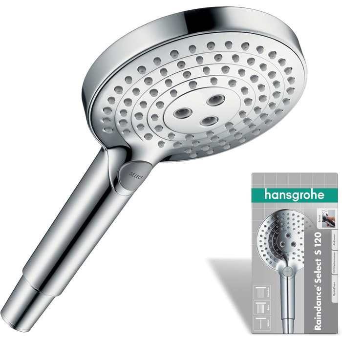 hansgrohe Raindance Select S - water-saving showerhead 9 l/min (EcoSmart), hand shower with 3 spray patterns, round shower head (⌀ 120 mm), water-saving showerhead with anti-limescale function, (water-saving showerhead (9 l/min) + hose, Chrome, water-saving showerhead (9 l/min) + hose)