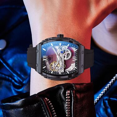 Чоловічий скелетон-годинник OLEVS: автоматичний механізм, сталевий браслет, водонепроникний, з календарем та підсвіткою, чорний