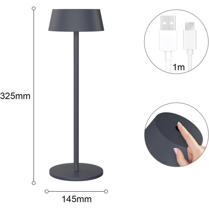 LED акумуляторні настільні лампи K-Bright (2 шт.), тепле світло 3000K, диммування, для дому та саду (антрацит, 1 шт.)