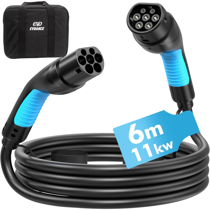 Кабель для зарядки електромобілів Тип 2, 6м, 16A, 11кВт з сумкою. Сумісний з усіма електромобілями