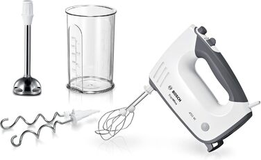 Ручний міксер Bosch ErgoMixx MFQ37470 з блендером, чашею та гаками для тіста, нержавіюча сталь, 750 Вт, 5 швидкостей + Turbo, білий/сірий
