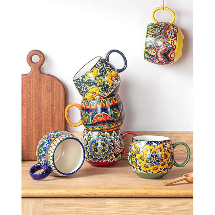 Набір чашок з порцеляни, керамічні чашки капучино/кружки - 600 мл, посуд для 6 осіб, набір чашок для кави - богемний стиль