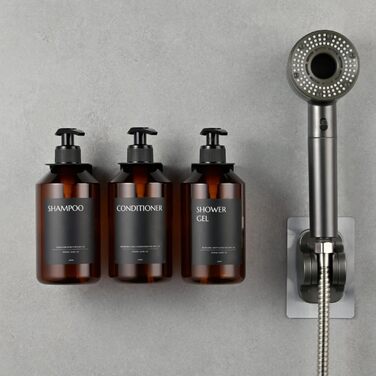 Набір з 3 сеппенсерів для кріплення на стіну, 500 мл, дозатори шампуню та гелю для душу, чорний колір, без свердління, для кухні та ванної кімнати (коричнева пляшка + чорна головка)