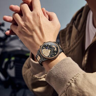 Годинник чоловічий OLEVS 3645-schwarz+gelb: аналоговий кварц, дерев'яний ремінець, хронограф, водостійкий, з підсвічуванням