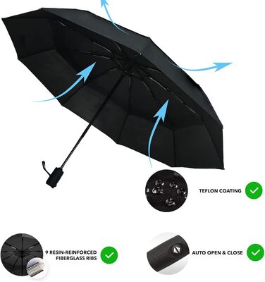 AMVUZ Сонцезахисний парасоль від дощу, стійкий до вітру, автоматичний, туристичний, чорний, з двошаровим покриттям