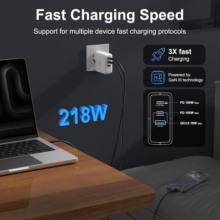 Зарядний пристрій USB 8 портів 100W з дисплеєм, швидка зарядка для iPhone 15/14/13/12/11 Pro Max, Samsung Galaxy S10/S9, Pixel 7/8 - білий