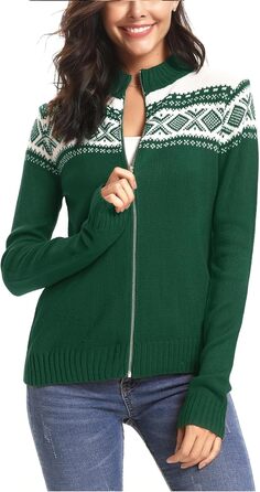 Жіночий святковий кардиган Sykooria з блискавкою та стоячим коміром. Теплий в'язаний светр з довгими рукавами для святкування Різдва. Розмір XL, колір Зелений B