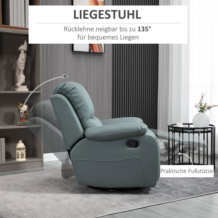 HOMCOM Swivel TV Chair, 135° Reclining, Weight Capacity 330 lbs, Reclining Chair with Footrest for Living Room & Bedroom, Polyester, Green