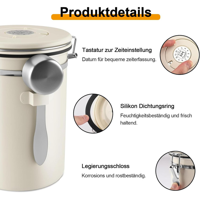 Герметичний контейнер для кави з нержавіючої сталі, 1.8L, з мірною ложкою та індикатором дати, для кави, чаю, горіхів, какао, зберігає свіжість