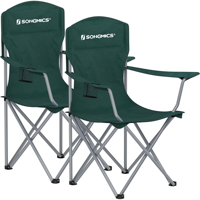 SONGMICS 2-Pack Folding Chair Camping Chair Folding Chair Comfortable Heavy-Duty Construction Max. Load Capacity 150 kg with Cup Holder Outdoor Chair (Dark Green)