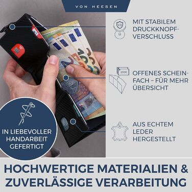 Стильний тонкий гаманець VON HEESEN з відділенням для монет та захистом RFID - гаманець для чоловіків та жінок - картхолдер, міні-портмоне, чорний карбон