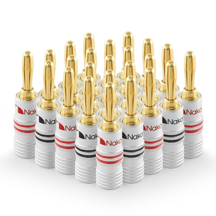 Позолочені бананові роз'єми Nakamichi 24K для акустичних кабелів 12-18 AWG, 4мм, для підсилювачів та Hi-Fi домашнього кінотеатру, гвинтові (24 шт/12 пар)