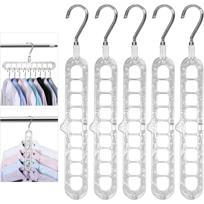 Набір з 5 компактних вішалок Cooltto 9-в-1: обертання 360°, антиковзаючі, з PET, для подорожей, органайзер для шафи, прозорі