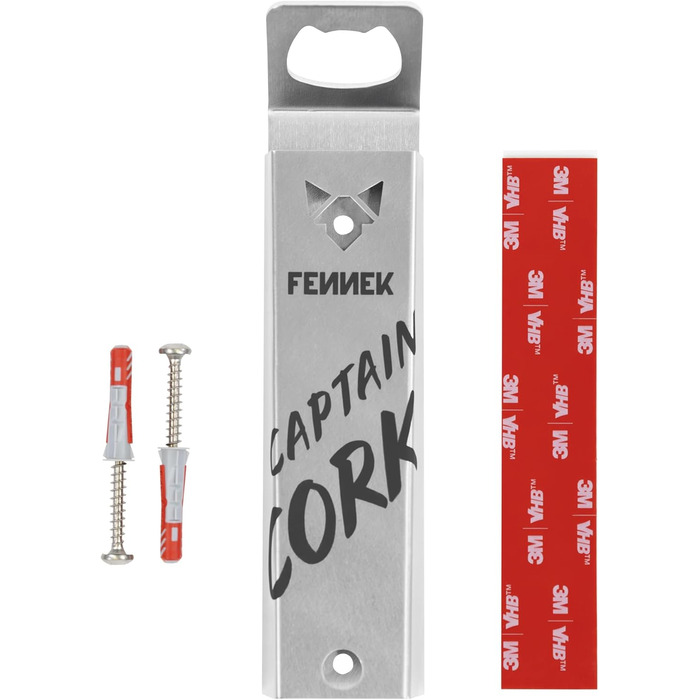 FENNEK Captain Cork | Bottle Opener | Integrated, super-strong magnet for up to 40 bottle caps | Easy mounting with adhesive tape or screws | made of stainless steel | Made in Germany