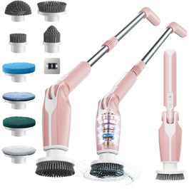 Leebein Electric Cleaning Brush, 2024 New Spin Scrubber with 8 Interchangeable Brush Heads, Remote Control, Adjustable Long Handle 38-132CM & 2 Speeds and for Bathroom/Kitchen