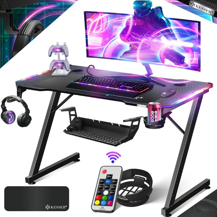 Ігровий стіл KESSER Gaming 120x60 см, Z-подібний комп'ютерний стіл з карбоновим покриттям, підставкою для напоїв та гачком для навушників, чорний