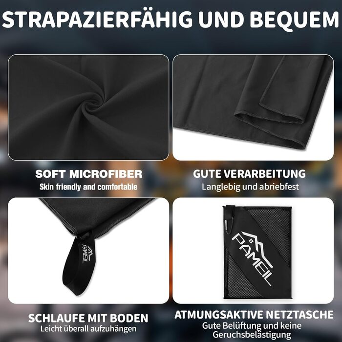 Набір рушників з мікрофібри Pameil (3 шт.): великий (160x80 см) + 2 маленькі (80x40 см), швидковисихаючі, для подорожей, фітнесу, сауни (чорний)