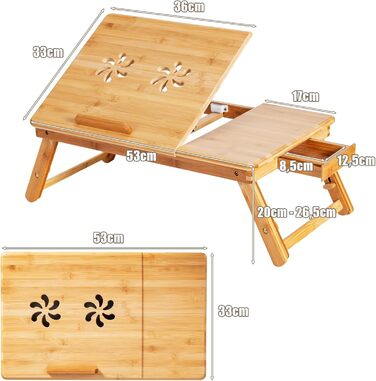 Столик для ноутбука COSTWAY з бамбука, регульований по висоті та куту нахилу, з вентиляцією, з ящиком, складний, для роботи та відпочинку, 53 x 33 x 20-26,5 см (натуральний бамбук)