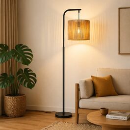 Торшер Rattan Boho - Стильний торшер для вітальні E27 164 см, чорний, з ножним вимикачем. Торшер в спальню, на терасу, в офіс, циліндричний абажур