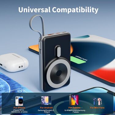 Powerbank MagSafe 20000mAh з PD 20W, USB-A, магнітним з'єднанням, інтегрованими кабелями, бездротовою зарядкою 15W, цифровим дисплеєм, сірий колір