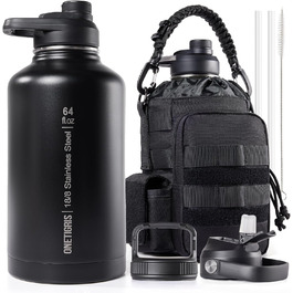 OneTigris Stainless Steel Water Bottle, 1.9L High Capacity, Insulated Sports Bottle for Cycling, Camping, Yoga, Gym, Softair, OD Green, 64oz (Black)