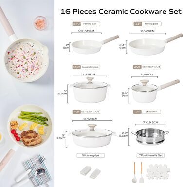 JEETEE Ceramic Cookware Set Non-Stick 16-Piece, Non-Stick Fry Pan 24/28, Sauté Pan with Lid and Steamer, Pot Induction, Non-Stick Cookware Set Beige