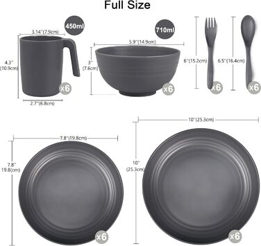 Набір посуду з PP | Легкий та незламний сервіз з 16 предметів для дітей та дорослих, 4 тарілки, 4 десертні тарілки, 4 миски, 4 чашки (сірий)