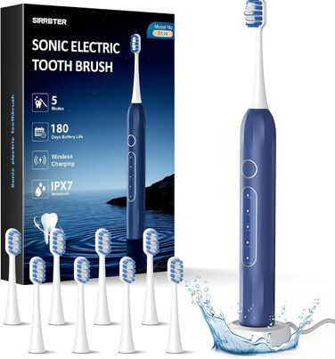 Електрична зубна щітка зі звуковою технологією, 5 режимів, таймер 30s, відбілює зуби за 2 тижні, 8 змінних насадок, IPX7, блакитна