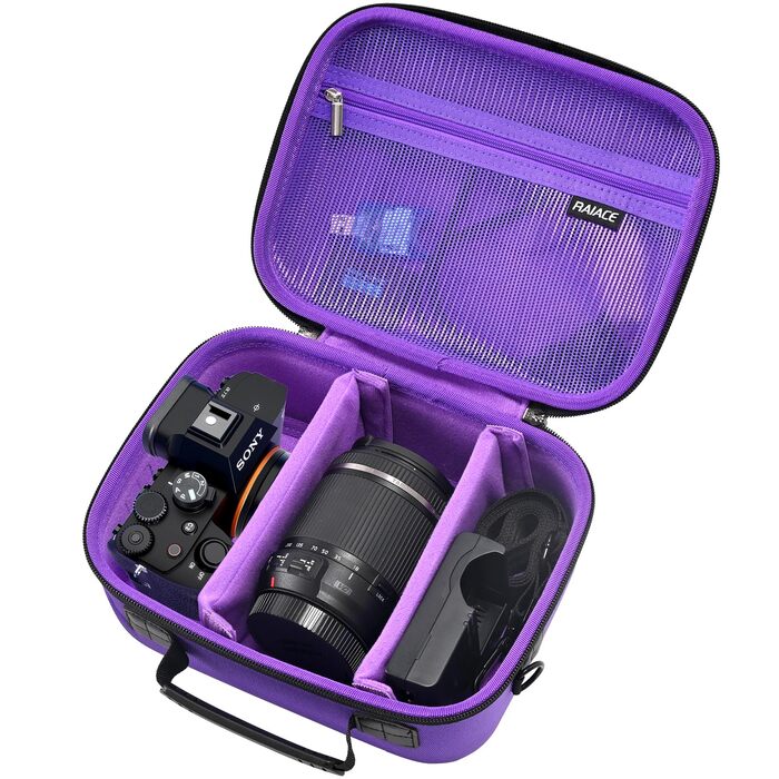 Чохол для камери Sony Alpha 7 II III IV/7R V, Nikon, Canon, Pentax - жорсткий, фіолетовий, з відділенням для зарядного пристрою та аксесуарів RAIACE