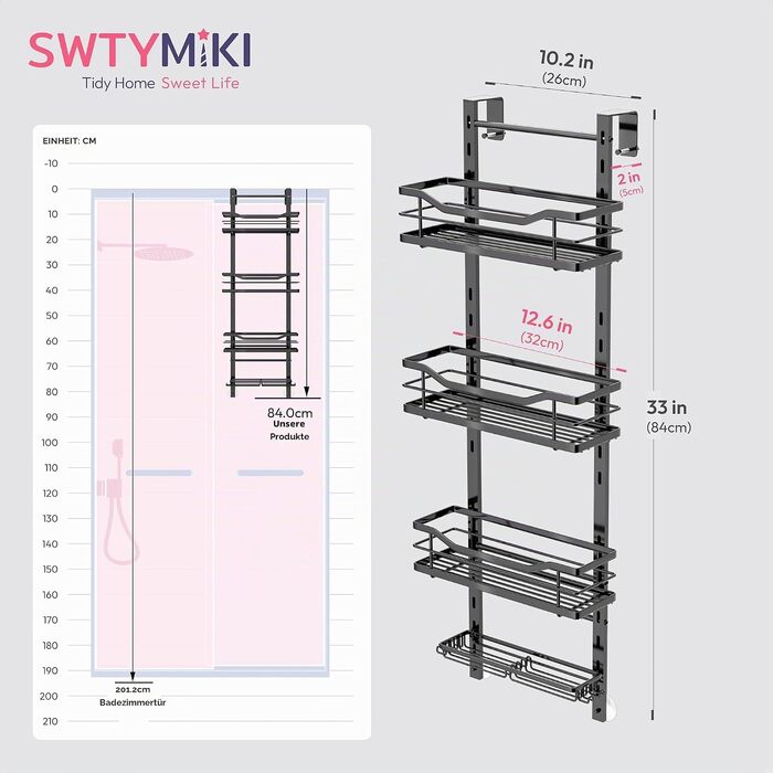 Підвісна полиця для душу SWTYMIKI (4 яруси, чорна) — Регульована органайзер-стійка з нержавіючої сталі без свердління для скляних дверей, з гачками та тримачем для мила