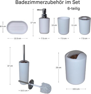 Набір для ванної кімнати 6 предметів, аксесуари для ванної кімнати з пластику, білий колір: унітаз з йоржиком, відро для сміття, стакан для зубних щіток, дозатор для мила та мильничка