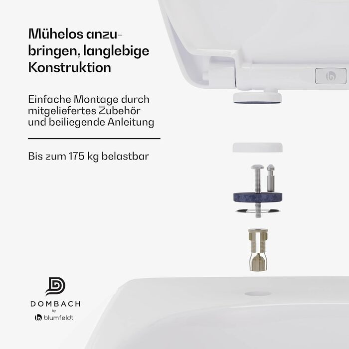 Сидіння для унітаза DOMBACH Premium з мікроліфтом (м'яке закриття), знімна кришка, форма D-подібна, білий колір