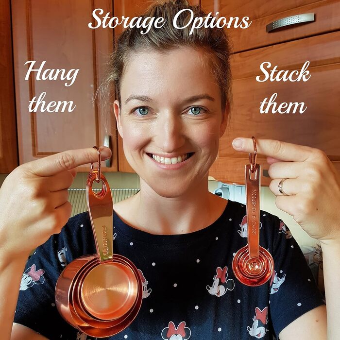 Copper and stainless steel measuring cups and spoons, copper-plated, high-quality stainless steel. Satin + high gloss polished. US + metric measurements. Kitchen gift under $30. From Copper Gemz Gift Box Packaging copper.
