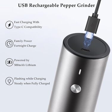 TLYSXPRO Electric Salt and Pepper Grinder Set of 2, USB Rechargeable, Adjustable Coarseness Spice Grinder, Electric Pepper Grinder with LED Light, Cleaning Brush, Kitchen Appliances, Stainless Steel
