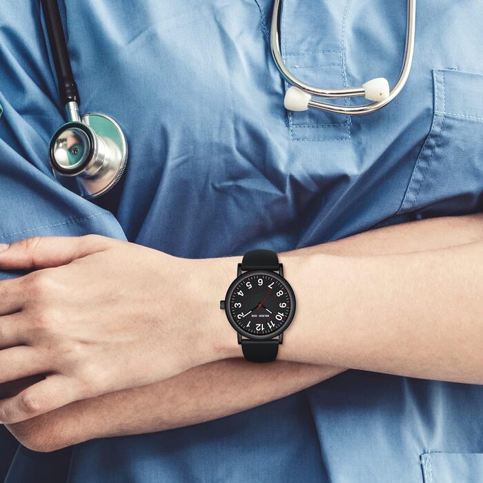 Водонепроникні годинники для медсестер GOLDEN HOUR - годинники для медичних працівників, студентів, жінок та чоловіків, світлодіодне дисплеї, 24 години з секундною стрілкою, силіконовий ремінь (чорний/чорний)
