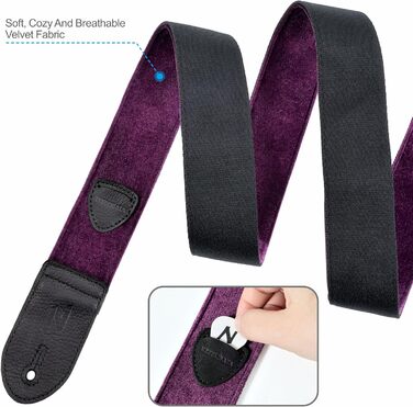 Гітарний ремінь Nefelibata з повного нубуку, вінтажний велюровий ремінь, безкоштовний бонус: 4 медіатори + фіксатори ременя + кнопка для ременя, подарунок для бас/електро/акустичної гітари (вишуканий фіолетовий)