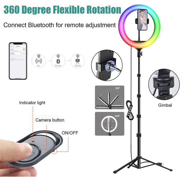 Кільцева лампа Ringlicht з штативом для телефону, 10 дюймів, 3 денне світло + 47 RGB режимів, регульована яскравість, 160 см, для YouTube, селфі, макіяжу, TikTok