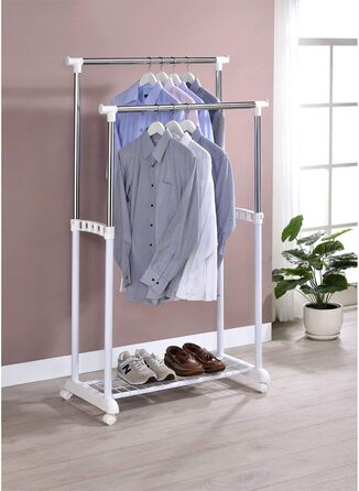 IDIMEX Wardrobe Trolley Grosso Clothes Rack Rolling Wardrobe Clothes Stand, with Shoe Shelf, 2 Clothes Rails, Height Adjustable, Chrome-Plated Metal Tube, in White