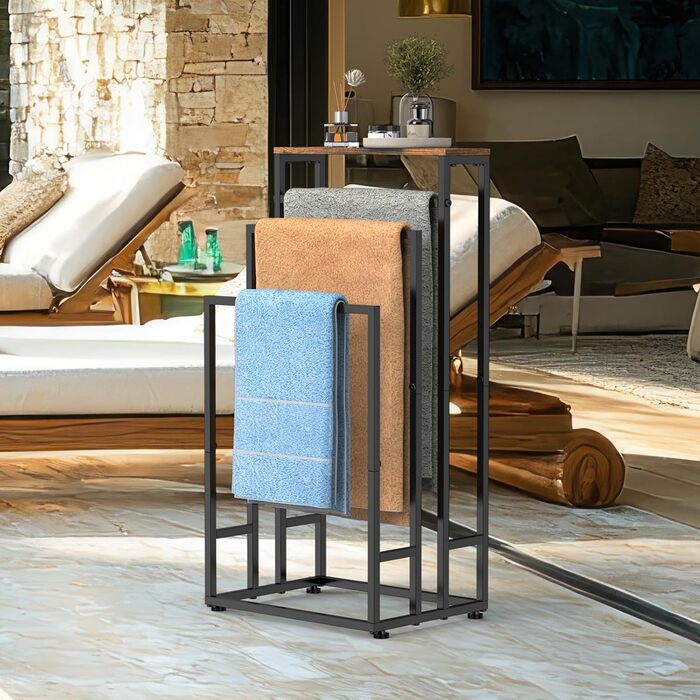 Підставка для рушників стояча, 3-ярусна з полицею з дерева, металева, з регульованими ніжками, для ванної кімнати та спальні, 40x30x82 см (колір: коричневий)